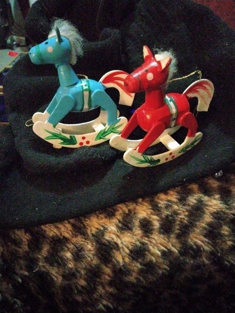 Vintage Wood Rocking Horse Christmas Tree Ornament Handcrafted Hand Painted