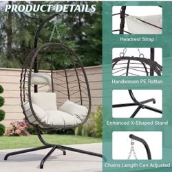 #R4  Hanging Egg Swing Chair Color: Classic Brown-Beige 350 lbs Capacity • Thick Cushion • PE Rattan Wicker Indoor / Outdoor • Weather-Resistant Frame