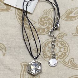 VEGA of Sweden, Silver Crystal Hexagon Pendant Leather Necklace