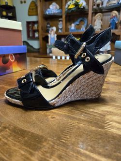 Black Patent Leather Wedge Sandals