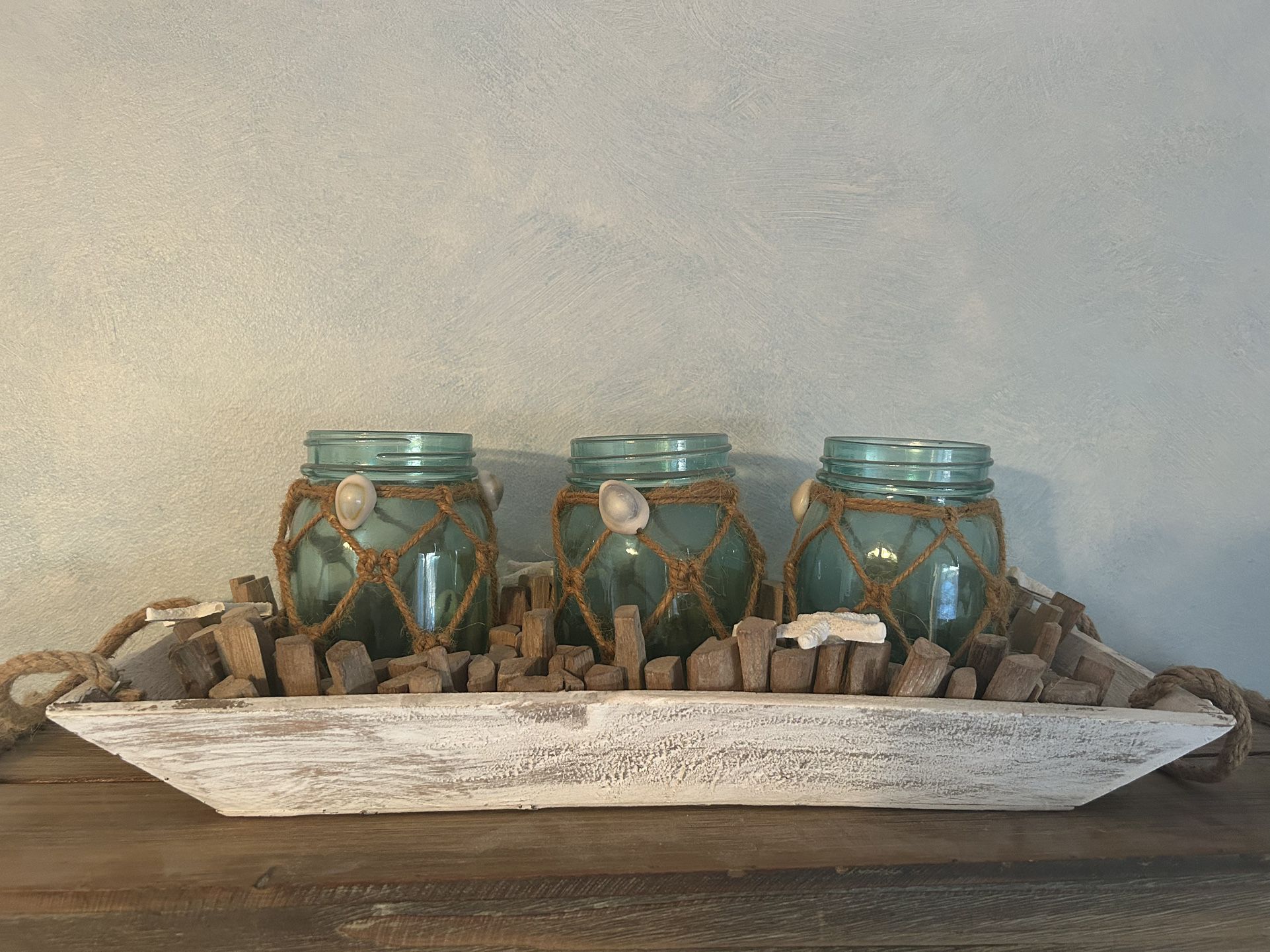 Costal Nautical Teal Glass Jars And Drift Wood Center Piece Table Decor