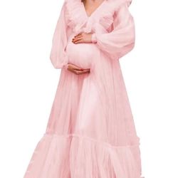 Tulle Ruffles Maternity Dress for Photoshoot Puffy Long Sleeve V Neck Baby Shower Lingerie Pregnancy Robe