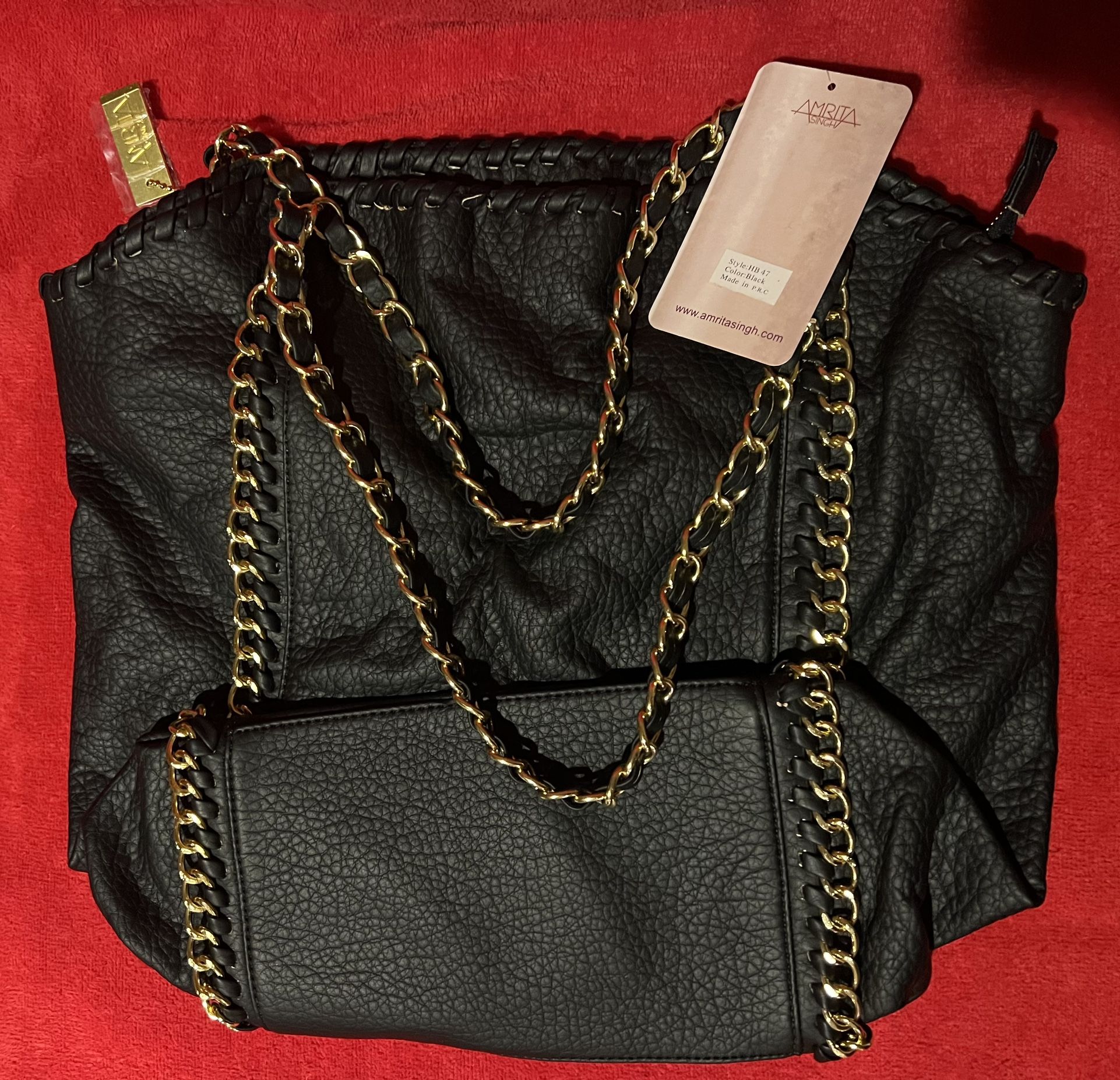 New Amrita Singh Mia Large Black Purse Handbag With Gold Chains