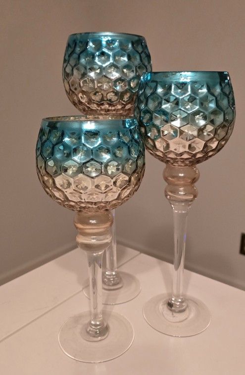 Teal and Silver Candle Holder (3) set
