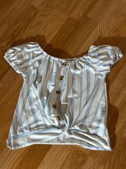 White Girls size 8-10 Blue Striped Off-Shoulder Crop Top
