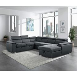 Gray Sectional W/ Pull Out Bed & Adjustable Headrest 