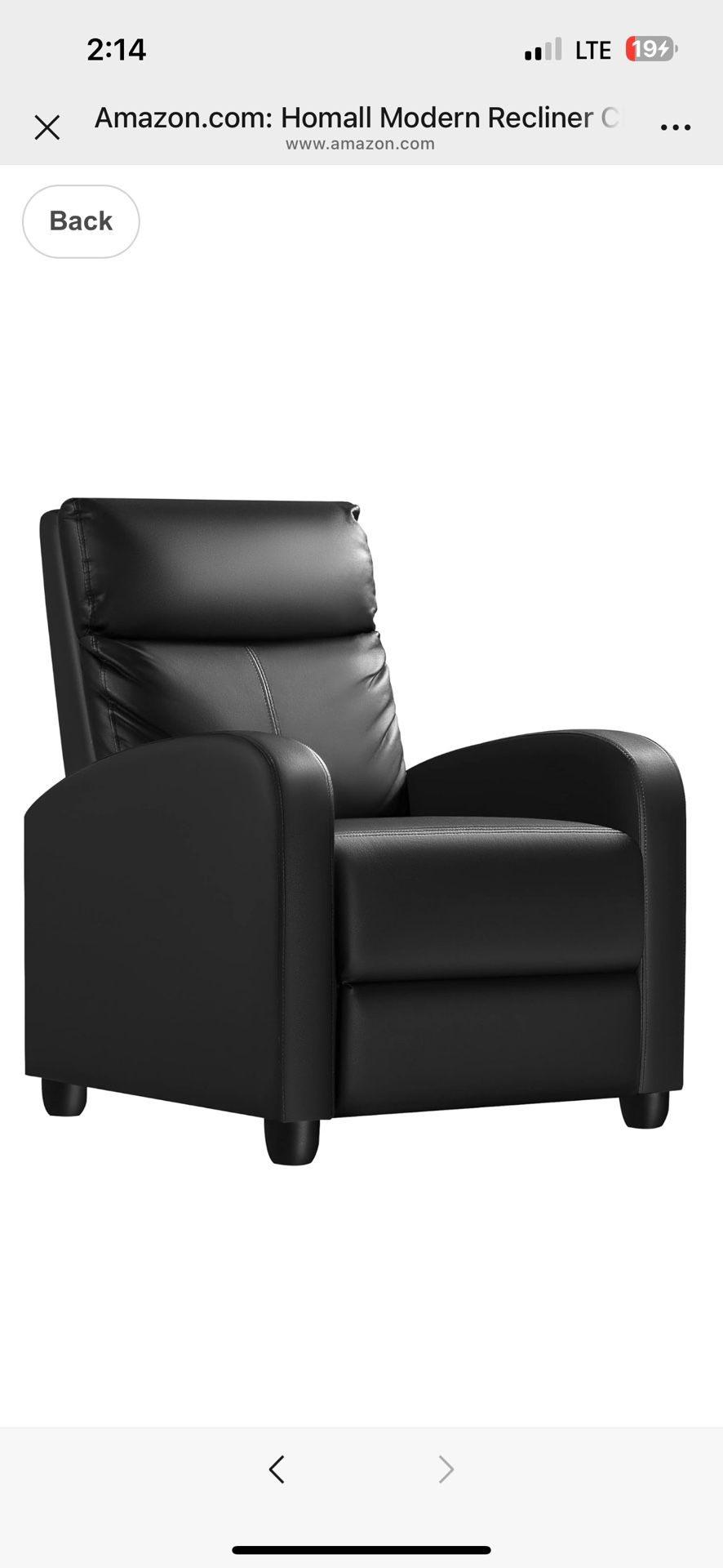 Homall Modern Recliner Chair Padded Seat Pu Leather for Living Room Single Sofa Recliner Seat Club Chair Home Theater Seating (Black)