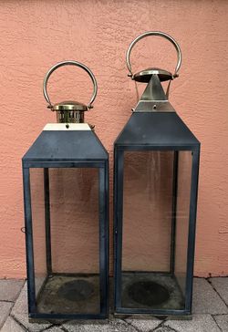 Pair of Metal and Glass Lanterns 