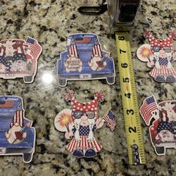  6 Pc Gnomes Wood Patriotic Hanging Decorations  With Male/ Female & Truck Designs, Or Just Place Them On A Table Or Shelf