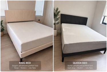 Título: King Size Upholstered Bed Frame – Beige / Excellent Condition Queen Size Upholstered Bed Frame – Dark Gray / Excellent Condition
