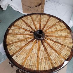 Custom Wagon Wheel Coffee Table with Inlaid Wine Corks