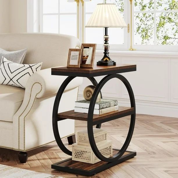 Tribesigns 3-Tier Narrow End Table with Black Metal Frames, Industrial Wood Side Table for Living Room, Slim Nightstand for Bedroom, Rustic Brown