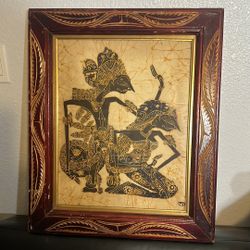 Batik fabric Painting ,ram and sita,ramayana handmade hand carved burgundy frame