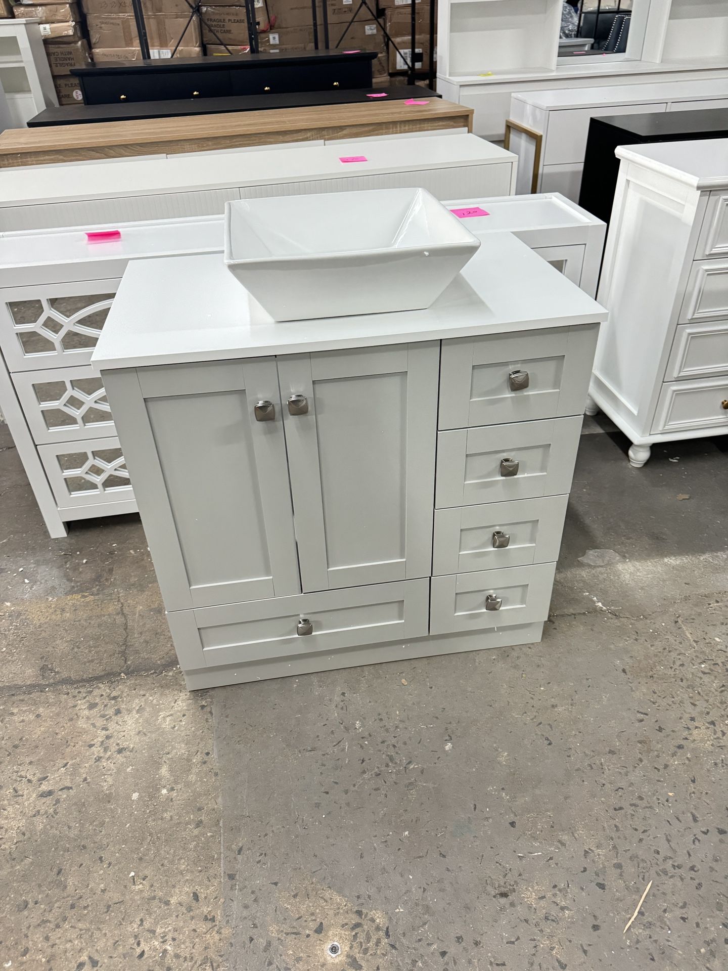 30 in. W. x 18.1 in. D x 33.9 in. H Gray Wooden Ready to Assemble Cabinet Floor Bath Vanity with 5-Drawers and 1-Shelf 170371-01