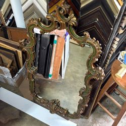 Vintage Italian Mirror Rococo Style Green Gold Ornate 48x30” Firenze Florence 