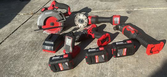Bauar tool set including circular saw grinder multi tool 1/2 inch drill light 3 battery 5.0 AH and charger like new