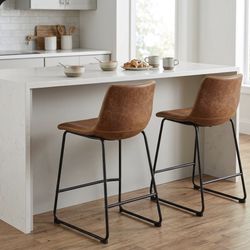 Set of 2 Faux Leather Bar Stools - Modern Counter