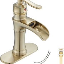 1112-Waterfall Bathroom Faucet Brushed Gold GGStudy Single Handle One Hole Farmhouse Bathroom Vanity Faucet Basin Mixter Tap Deck Mount with Drain Ass