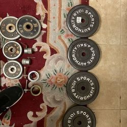 Sports Authority Weight Plates – 10 lb Each (Standard 1” Hole, New)—PLUS BONUS Silver Dumbbell Bar+ Plates****