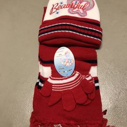 Girls Red Winter Scarf Mittens Beanie  Set 