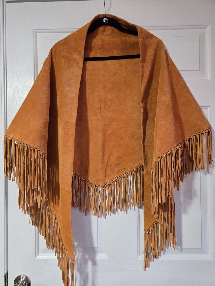 Sorbè 100% Suede Wrap Shaw Shawl Fringed Orange Western Excellent