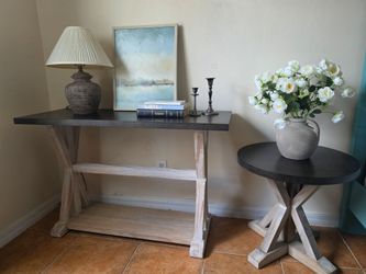 Dark Brown Farmhouse Sofa Table and Round Side Table Matching Set