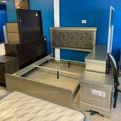 Gold Bedroom Set 4-Piece (Qb Dresser Mirror Nightstand)