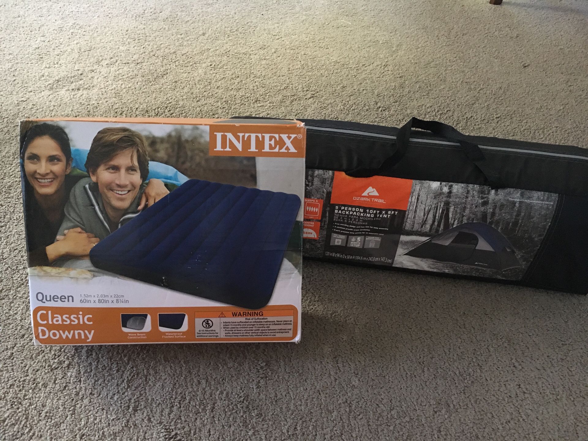 Ozark Camping Tent and intex classic downy (queen)