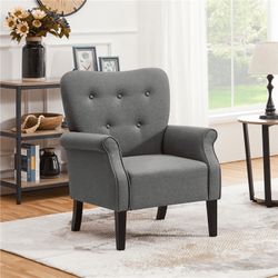 Modern Upholstered Accent Chair with Wooden Leg for Living Room, Dark Gray