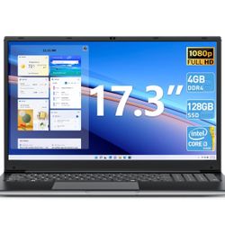 17.3 Inch Laptops Computer, 4GB DDR3 128GB SSD Notebook with Core i3 Processor (up to 2.4 GHz), FHD IPS 1920 Display, Webcam, Mini HDMI, USB3.2 * 2, D