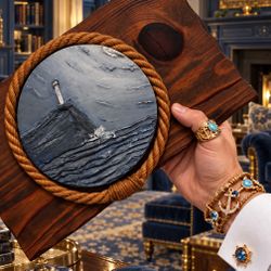 LARGE Original Vintage Fine Art Lighthouse Nautical Oil Painting Solid Wood Plaque 15” Ship Yacht Motif Ocean Cliff Landscape HILLCREST