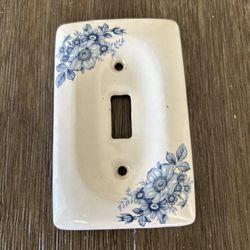 Vintage Porcelain Single Light Switch Cover White With Blue Flowers