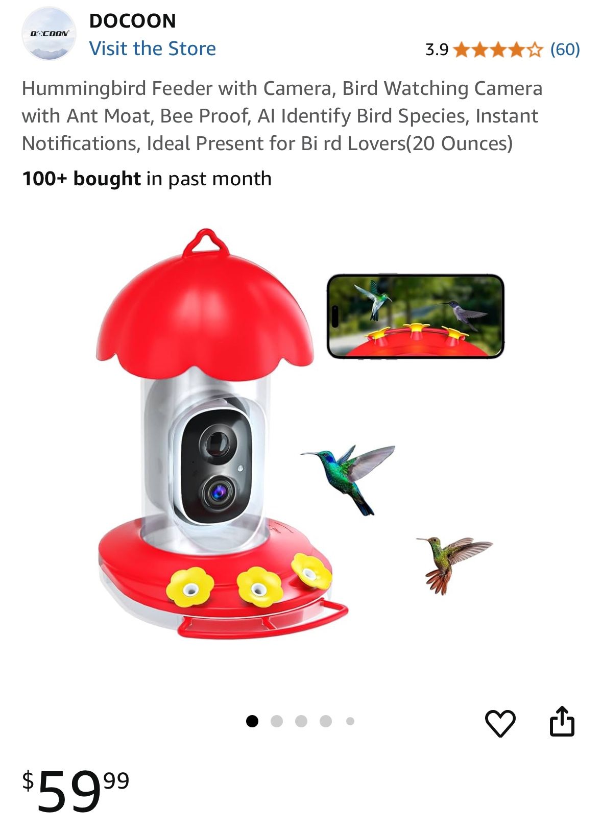 Hummingbird Feeder with Camera, Bird Watching Camera with Ant Moat, Bee Proof, AI Identify Bird Species, Instant Notifications, Ideal Present for Bi r