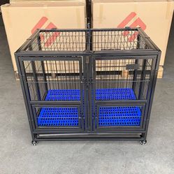 New in box $160 Folding Dog Cage 37x25x33” Heavy Duty Double-Door Kennel w/ Divider, Plastic Tray 