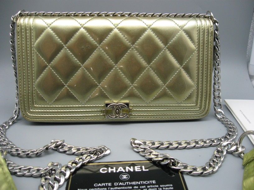 Chanel Pearl Canary Yellow Patent Leather CC Logo Boy Bag Wallet