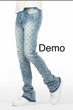 Rockstar Original Glit Dark Blue Rhinestone Stacked Flare Jean (Size 38)