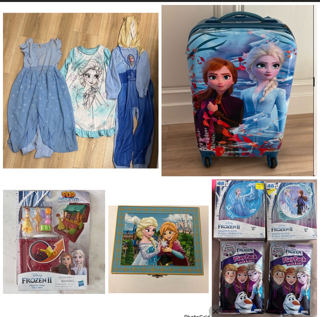 Disney Frozen Carryon Suitcase with 9 Other frozen items -3 Dresses Jewelry Box  And Toys