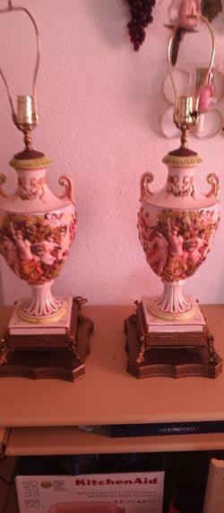 Antique Capodimonte Cherubines Table Lamps with FlowerVase