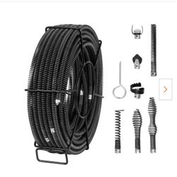 New VEVOR 100ft sectional drain cleaning cable. Comes with 7 different cutters for all kinds of pipe blockages. Cable diameter is 5/8 inch. Good for p