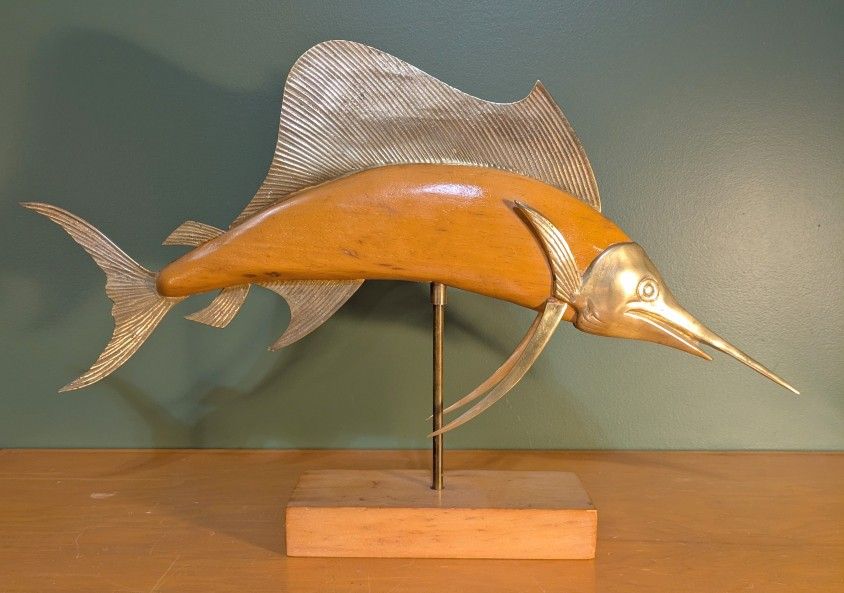 Vintage MCM Frederick Cooper Brass & Wood Sailfish Sculpture
