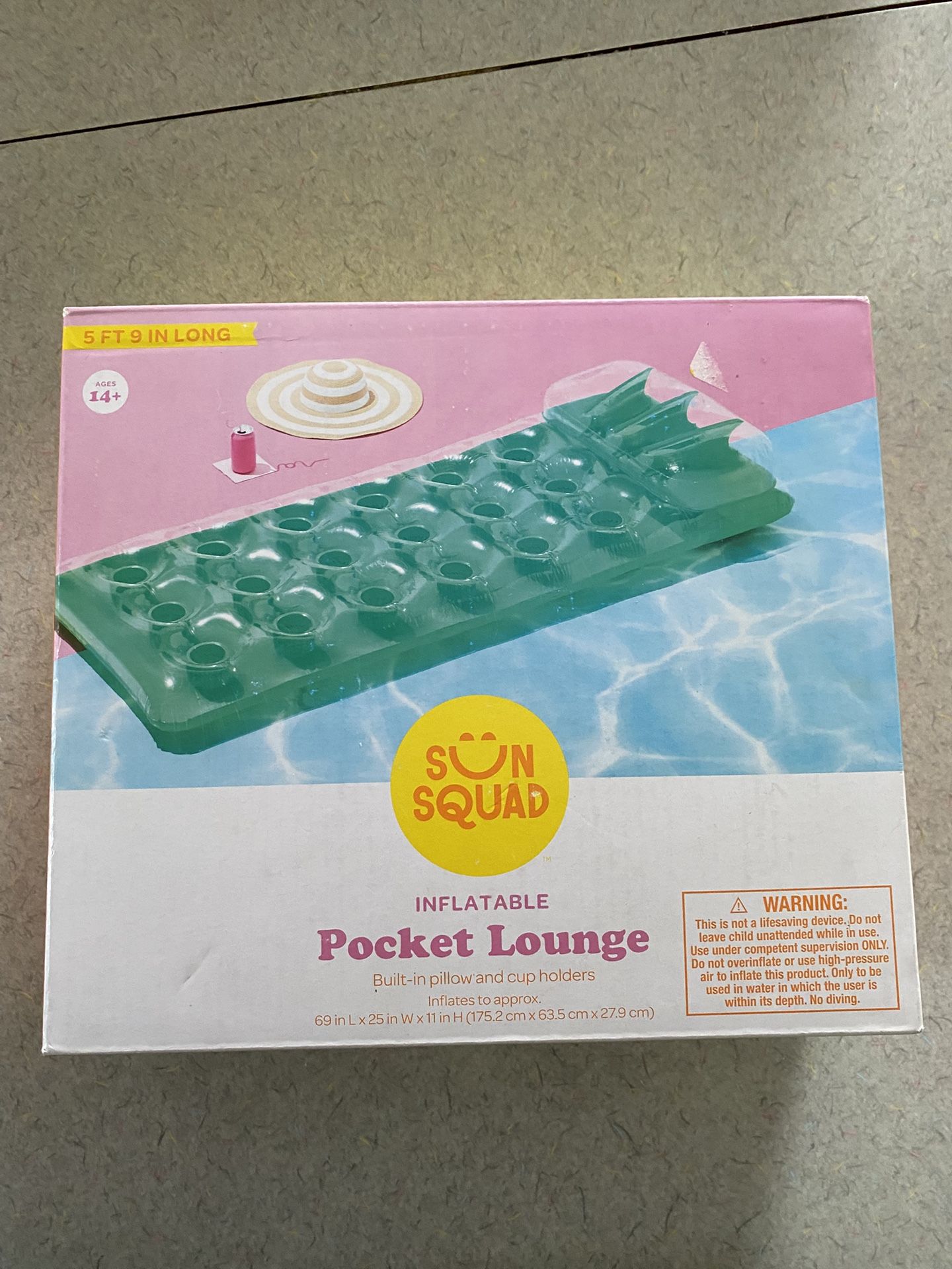 Nib Sun Squad Inflatable Pocket Lounge With Built-In Pillow And Cup Holders