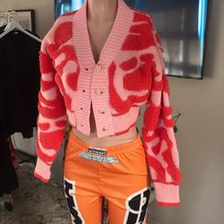 Pink & Red Heart Textured Crop Sweater