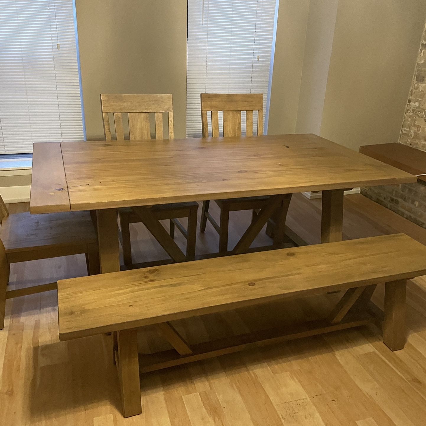 Extension Dining Table (78”-102”) with matching 3 dining chairs and bench