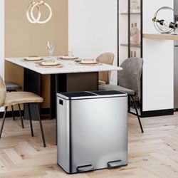 Dual Step Trash Can, 16 Gallon (2×30L) Stainless Steel Garbage Can with 2 Soft-Close Lid and 2 Removable Inner Wastebasket, Bin Body with Handle for K
