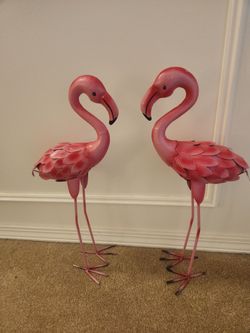 2 Metal Flamingo Statues 19.5" H Indoor Outdoor
