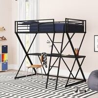 BLACK METAL BUNK BEDS WITH DESK UNDERNEATH , GOOD CONDITION