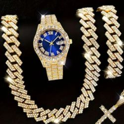Affordable Men's Golden Iced Out Watch And Chain Combo For An Explosive Appearance 