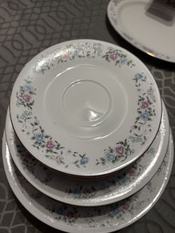 Complete Set for 8 with Blue and Pink Floral Pattern with gold trim-Made in China