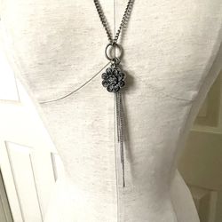 Silver Tone Tassel Flower Long Chain Necklace 