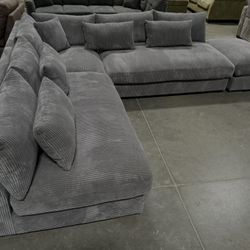 New! Deep Seating Couch, Dark Grey Sectional, Plush Sectional, Sectionals, Sofa, Couch, Sectional Sofa, Corduroy Sectional, Gray Couch, Grey Sofa. Dim